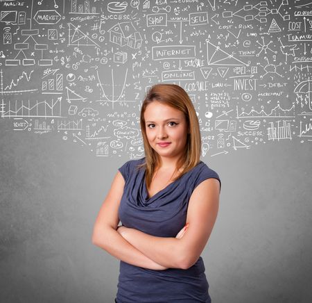 Young pretty lady with hand drawn white calculations and icons