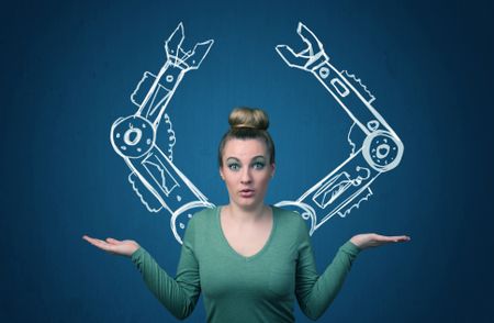 Pretty young woman with robotic arms concept