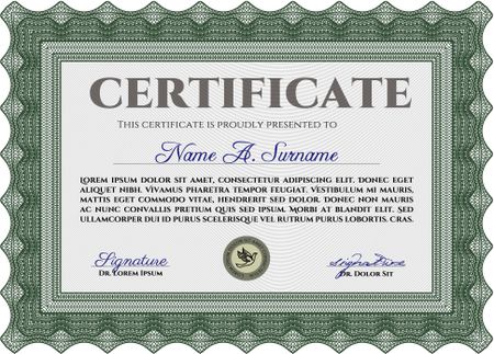 Green certificate or diploma template with complex border design and sample text