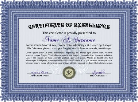 Blue certificate or diploma template with sample text
