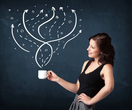 Businesswoman standing and holding a white cup with drawn lines and arrows coming out of the cup
