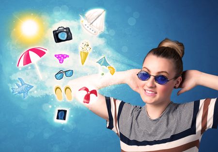 happy-joyful-woman-sunglasses-looking-summer-272602505 Happy joyful woman with sunglasses looking at summer icons and symbols concept