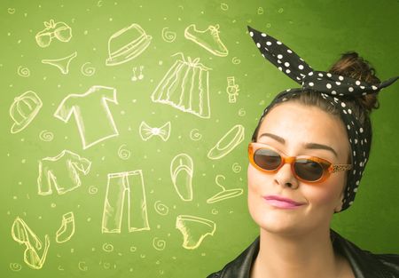 happy-young-woman-glasses-casual-clothes-272602520 Happy young woman with glasses and casual clothes icons concept on green background