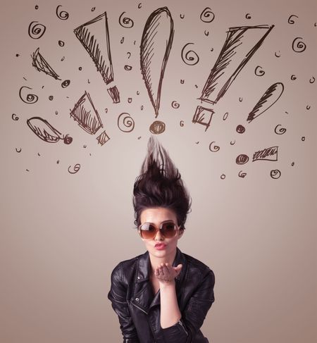 Young woman with hair style and hand drawn exclamation signs concept on background