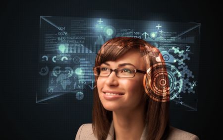 Young woman looking with futuristic smart high tech glasses concept
