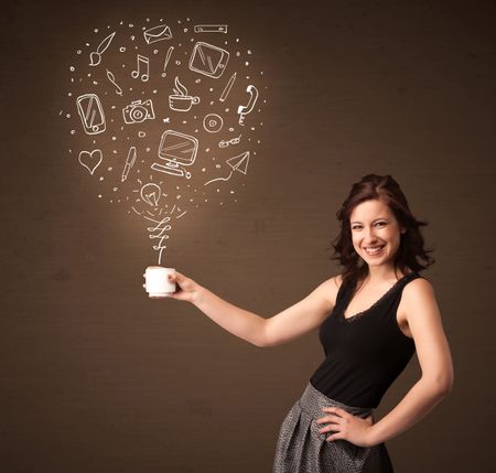 Businesswoman standing and holding a white cup with drown social media icons coming out of the cup