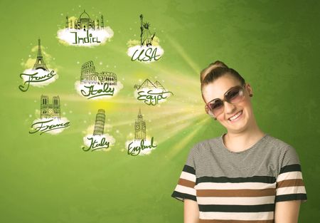 Happy young girl with sunglasses traveling to cities around the world concept