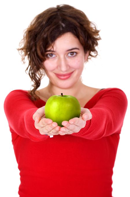 girl holding a green apple - diet series over a white background