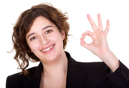 business woman doing an ok sign over a white background