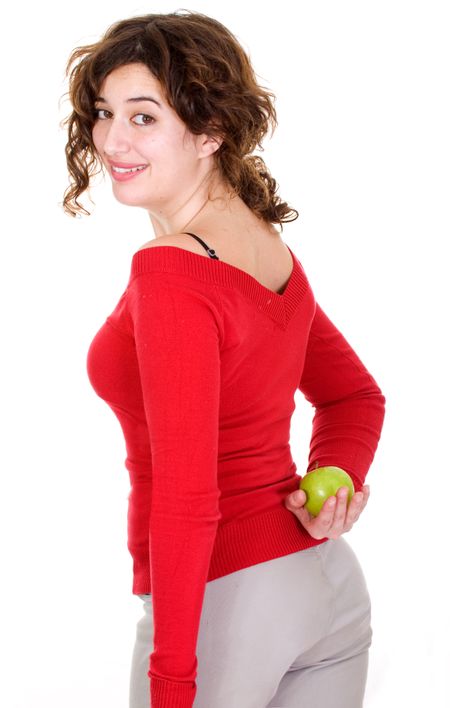 secret diet - girl hiding an apple over a white background