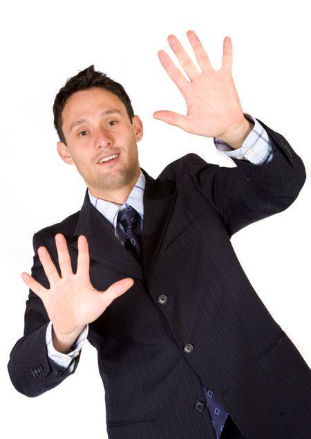 business man with hands on the screen over a white background