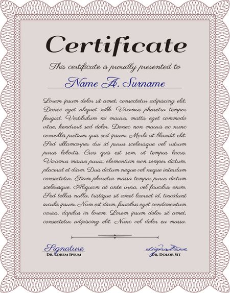 Red vertical certificate or diploma template with complex border design