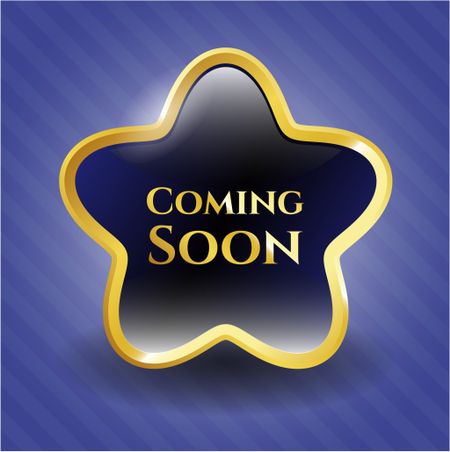 Coming soon blue shiny badge withj blue background