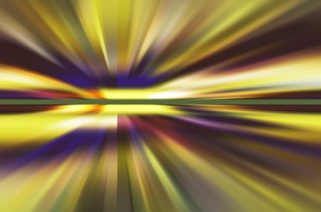 Multicolored abstract of radially blurred streaks with bright yellow rectangular core transected by a horizontal green stripe
