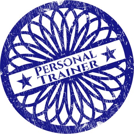 Blue personal trainer rubber stamp (isolated and grunge)