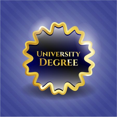 Blue university degree gold shiny badge with blue background