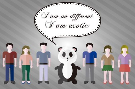 Panda saying "I am no different, I am exotic" with more people around, Tolerance and diversity funny card or poster