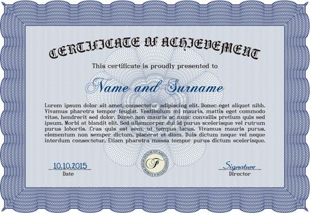 Blue Certificate, Diploma of completion; design template with guilloche pattern, border, frame.