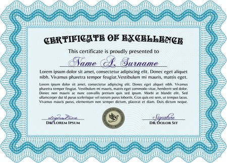 Sky blue Certificate, Diploma of completion with guilloche pattern and background, border, frame. Certificate of Achievement, Certificate of education, awards, winner.