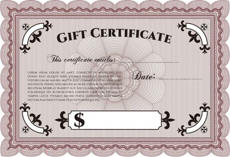 Gift certificate red template with complex design.