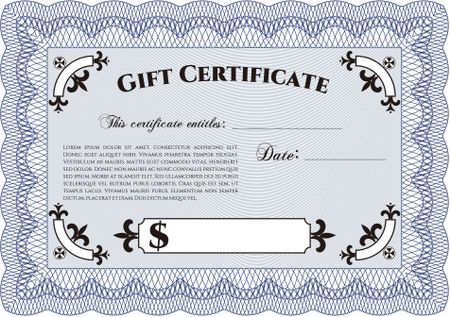 Blue gift certificate template with sample text