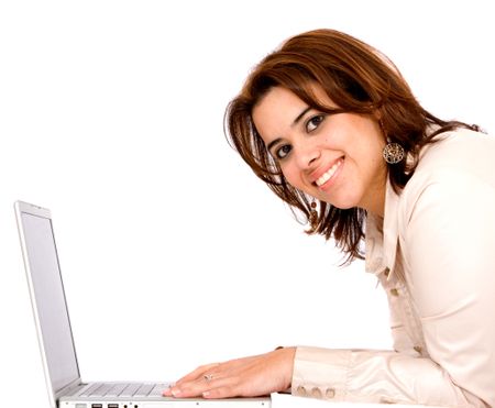 woman working on a laptop computer on the floor isolated