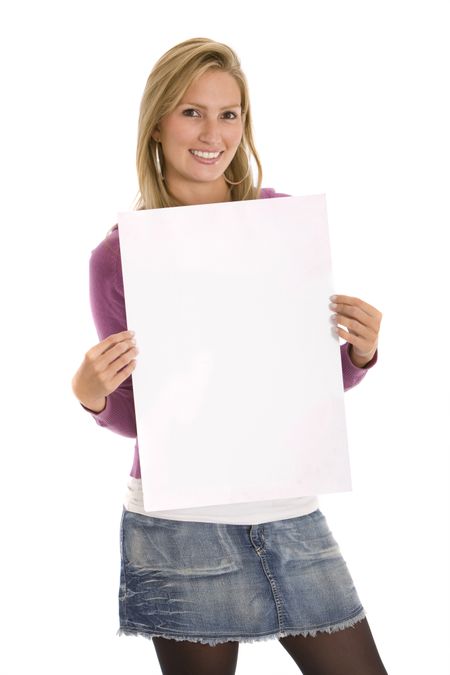 Woman holding a banner ad isolated over white