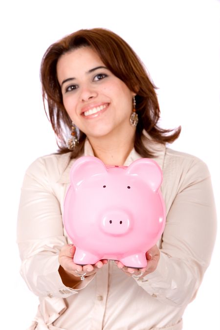 casual woman saving money in a piggybank - isolated on white