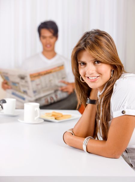 Loving couple having their breakfast at the dining room