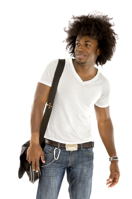 Casual student with a backpack isolated on white