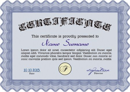 Certificate. Lovely design. Complex background. Vector pattern that is used in currency and diplomas.