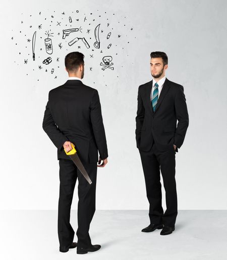 Ruthless businessman handshake with hiding a weapon and weapon symbols around his head