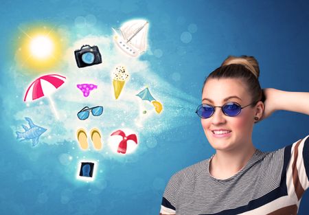 happy-joyful-woman-sunglasses-looking-summer-274580474 Happy joyful woman with sunglasses looking at summer icons and symbols concept