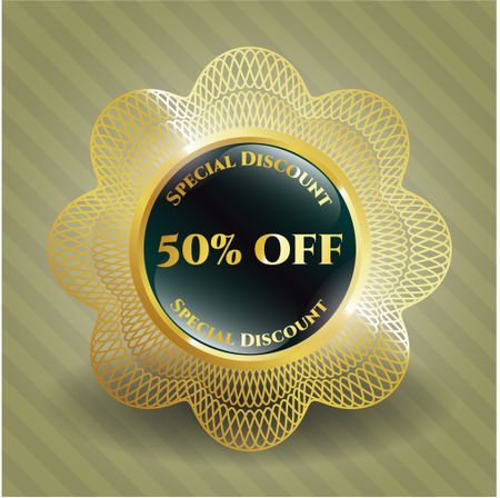 50% off gold shiny badge with green background