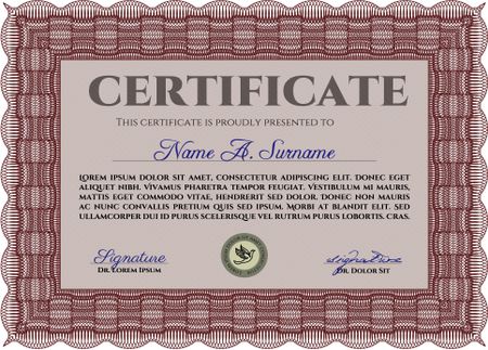 Certificate template or diploma template. Cordial design. Vector illustration.With guilloche pattern. 