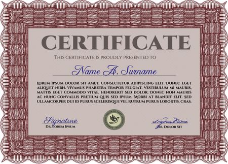 Certificate template or diploma template. Cordial design. Vector illustration.With guilloche pattern.