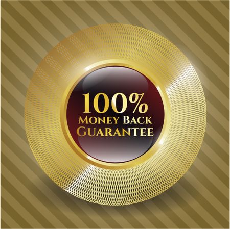 100% Money back guarantee gold shiny badge with complex golden border design