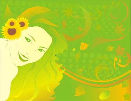 Woman with sunflowers in her head over an abstract background