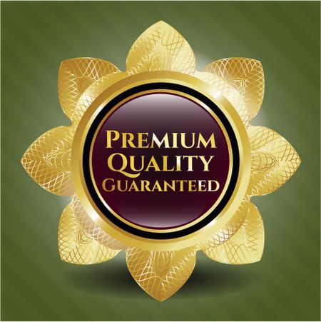 Gold shiny flower with text "Premium quality Guaranteed" inside and green background
