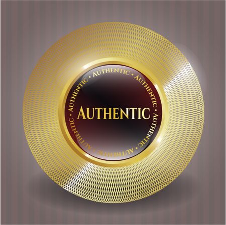 Authentic red shiny badge with complex gold border