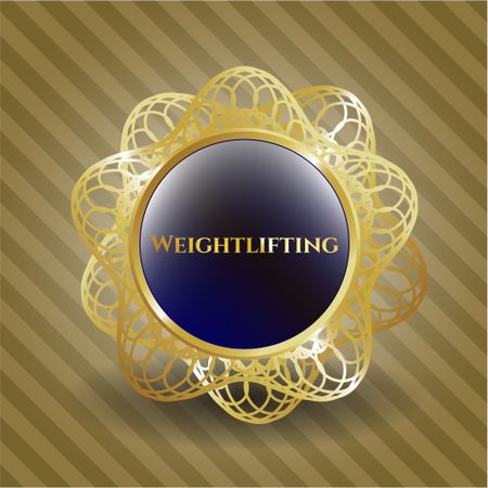 Gold shiny emblem with text weightlifting inside