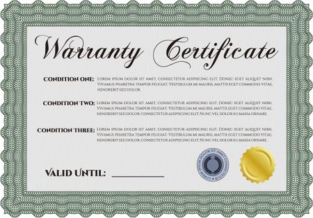 Sample Warranty certificate. Complex border design. With sample text. Retro design.