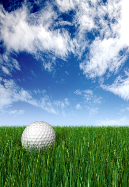 golf ball on grass and blue sky in the background made in 3d
