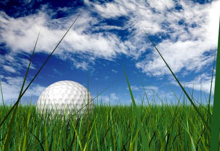 gold ball on grass blades over a blue sky - mad ein 3d