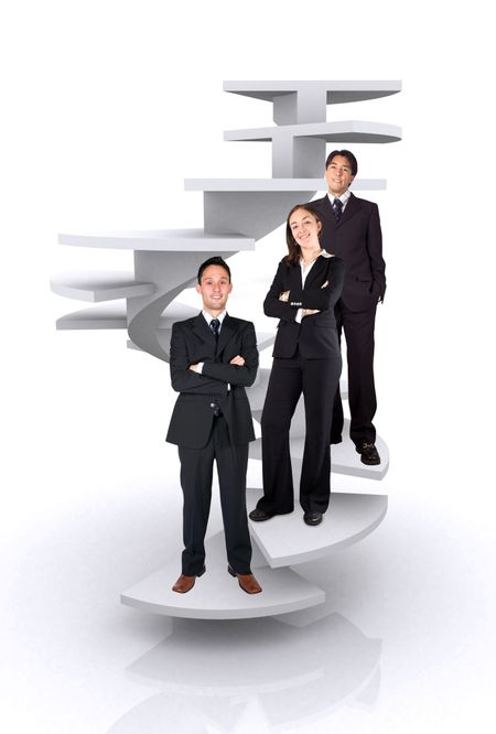 business team work - corporate ladder over a white background
