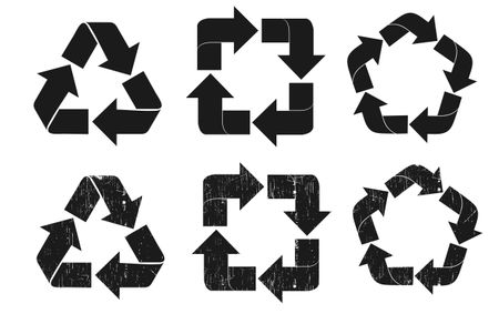 Set of six recycle symbols, classic symbol, square and pentagon recycle symbol