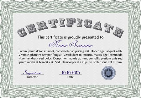 Diploma. Complex design. Frame certificate template Vector.With guilloche pattern and background.