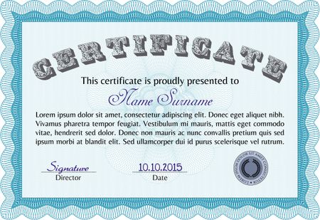 Sample certificate or diploma. Vector certificate template.Beauty design. With guilloche pattern and background. 