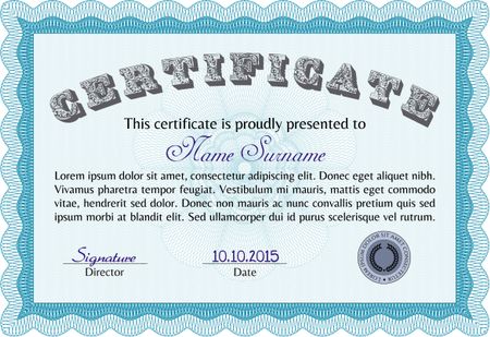 Sample certificate or diploma. Vector certificate template.Beauty design. With guilloche pattern and background.