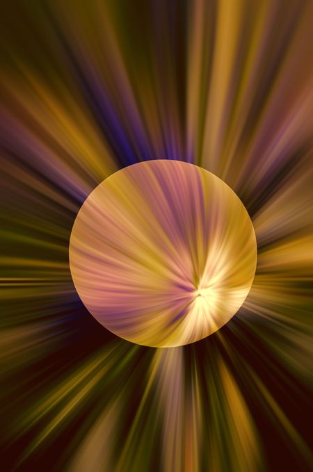 Abstract illustration of orange and pink planet with multicolored starburst background for speculative or futuristic themes
